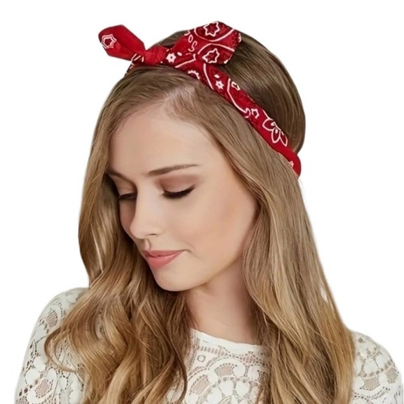 Red Bandana Ribbon Knot Headband Handkerchief Bohemian Hair Band Yoga Sporty - Picture 2 of 3
